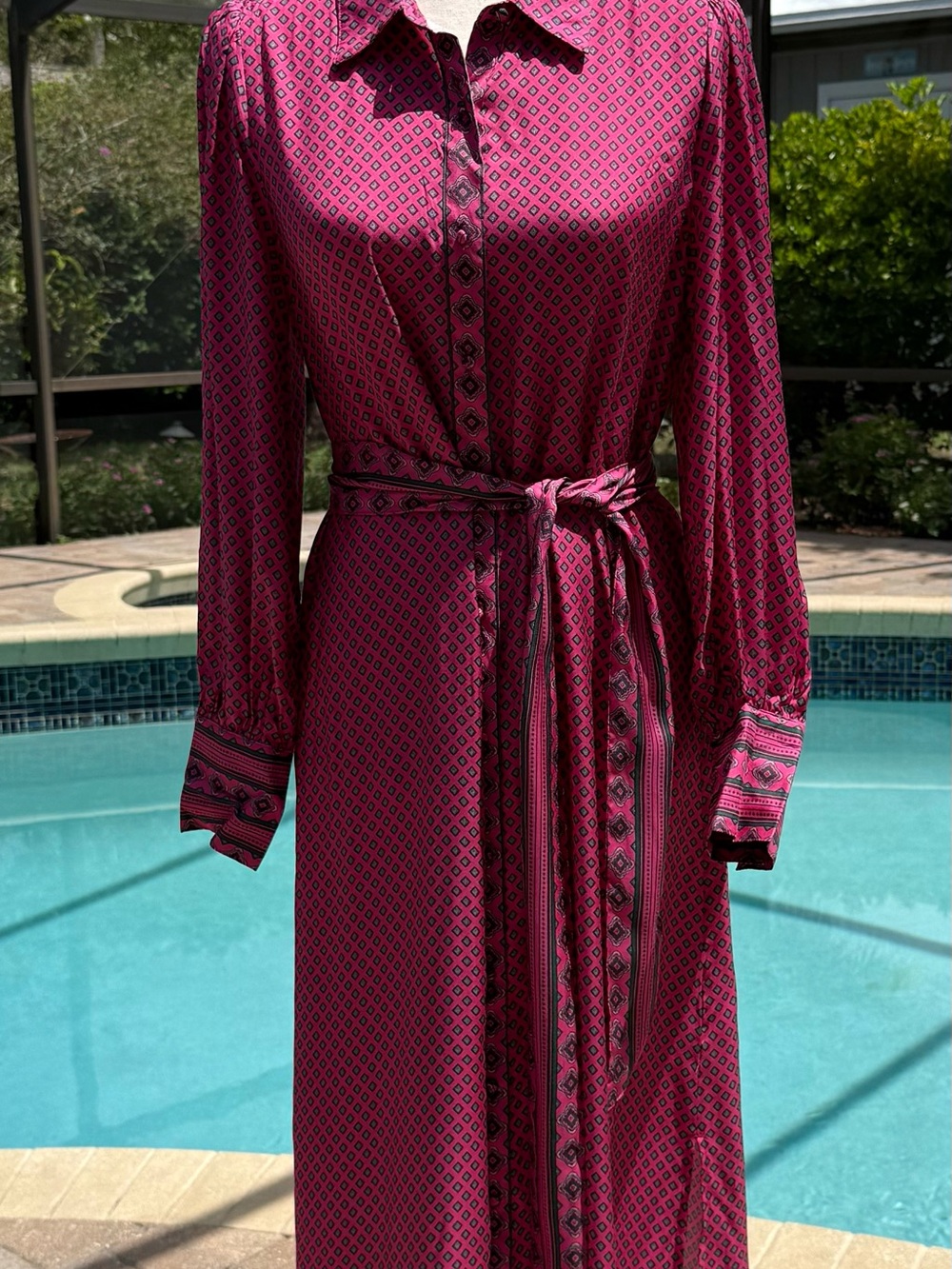 Vineyard Vines Fuchsia Geometric Long-Sleeve Belted Shirt Dress